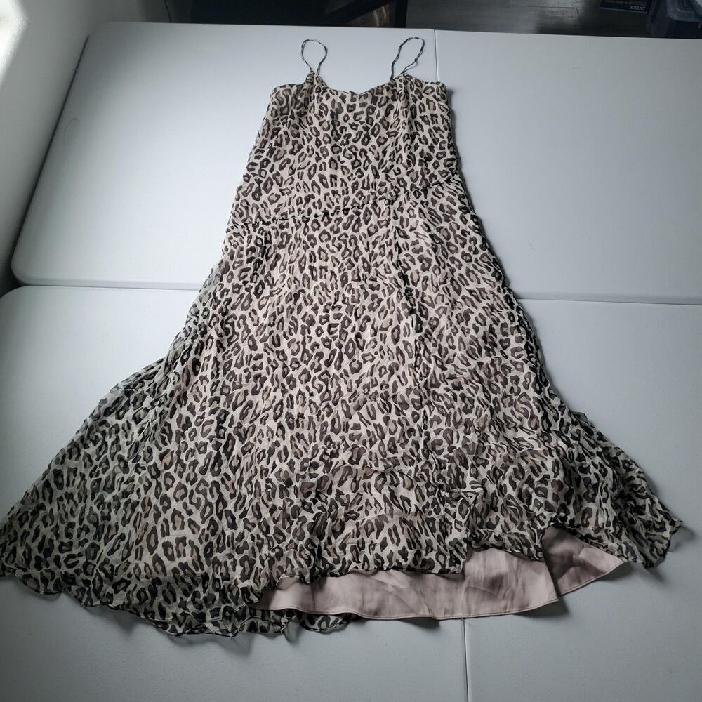 Theory Dress Womens 0 Beige Leopard Silk Chiffon Slip Maxi Ruffle Asym Hem